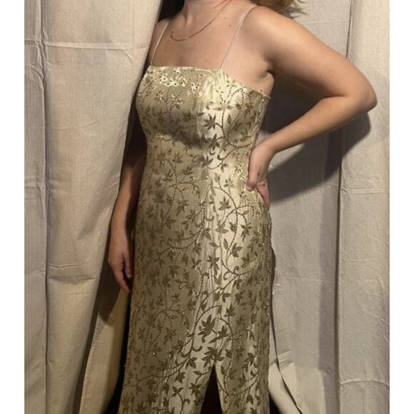 JS Collections Y2K Vintage Strappy Beaded Gold/Tan Formal Dress Slit Size 10 90s - Picture 1 of 11